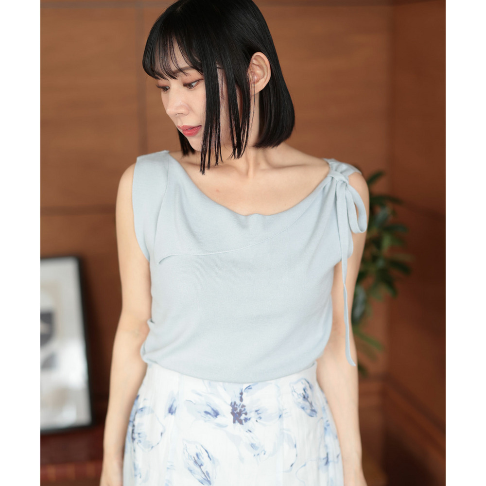 肩リボンアシンメトリーニットトップス 大きいサイズ レディース