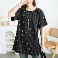 リーフ柄コットンチュニックTシャツ 大きいサイズ レディース