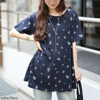 リーフ柄コットンチュニックTシャツ 大きいサイズ レディース