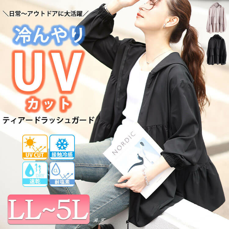 接触冷感＆UVカット＆耐塩素ティアードラッシュガード 大きいサイズ レディース