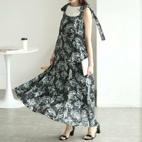 花柄シフォン肩リボンキャミワンピース