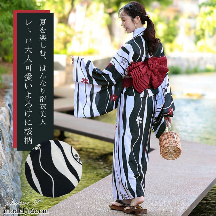 接触冷感&吸水速乾&形状記憶よろけに桜柄上下セパレート浴衣&結び帯3点セット2