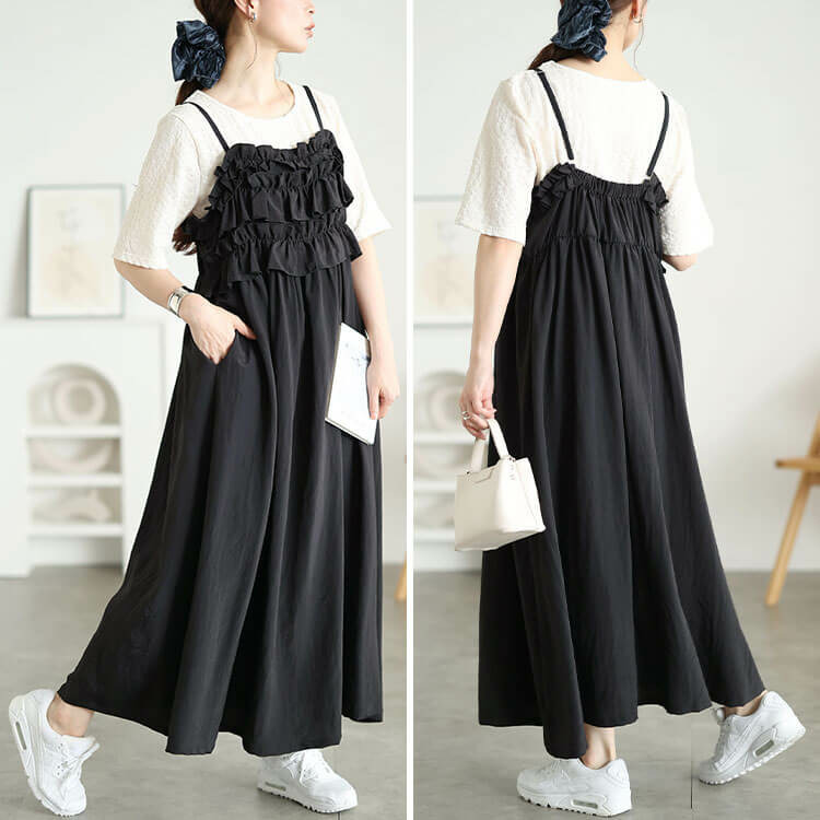 極美品✨ An MILLE ボリュームフリルキャミワンピース ブラック フリルキャミワンピース＆クロップドTシャツ2点セット maru-30293