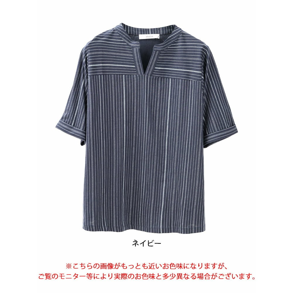 ストライプ柄キーネックコットンプルオーバー17