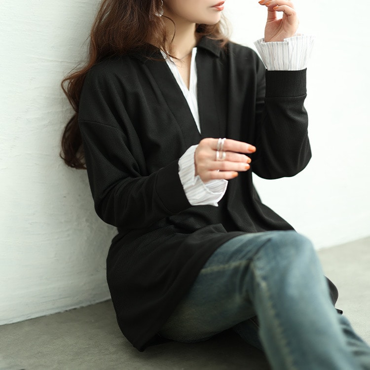 ストライプ柄重ね着風スキッパーチュニック13
