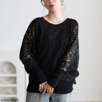 大きいサイズ レディース レースドルマン重ね着風リブニット