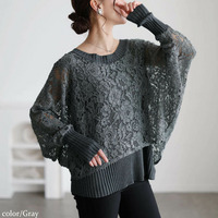 大きいサイズ レディース レースドルマン重ね着風リブニット