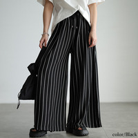 大きいサイズ レディース ストライプ柄ウエストタックワイドパンツ