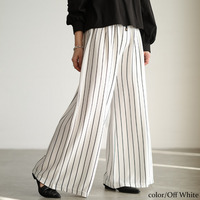 大きいサイズ レディース ストライプ柄ウエストタックワイドパンツ