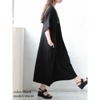 大きいサイズ レディース タック入りVネックコットンマキシワンピース