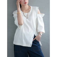 ##大きいサイズ レディース ボタンオープンショルダーＴシャツ
