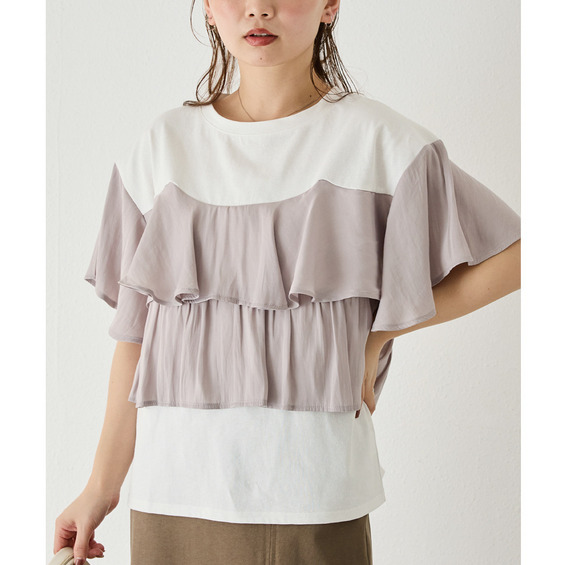 異素材配色フリルTシャツ【アリノマ/Alinoma】 異素材配色フリルTシャツ【アリノマ/Alinoma】