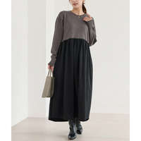 異素材切替ギャザーニットワンピース