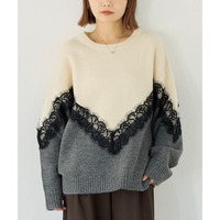 【洗える】レース切替バイカラーニットプルオーバー