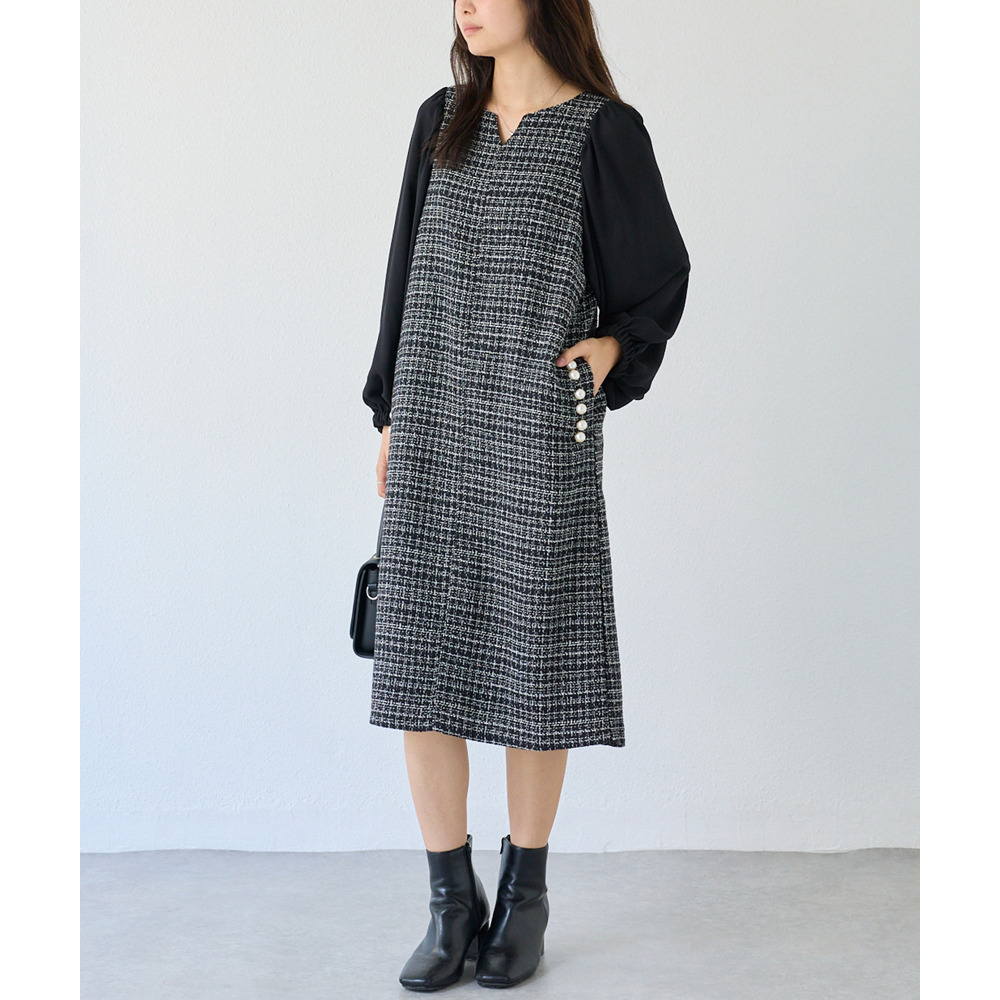 パールボタンツイードワンピース