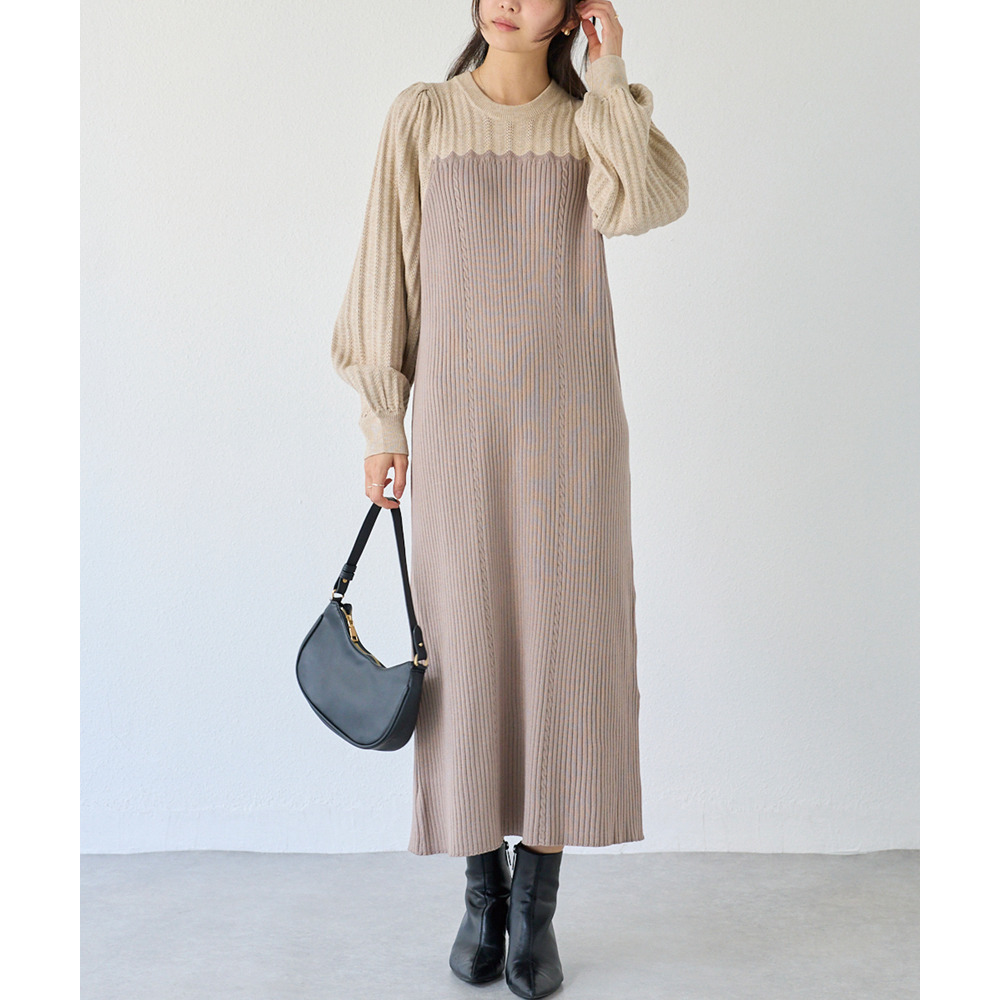 【洗える】透かし編み切替ニットワンピース