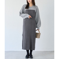 【洗える】透かし編み切替ニットワンピース