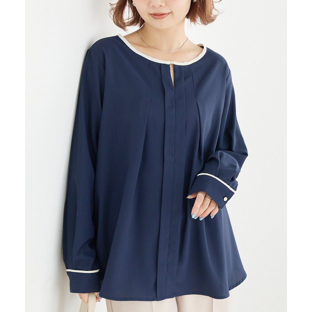 【洗える】パイピング配色ブラウス　LL/3L/4L/5L　セレモニー　オフィスカジュアル　ラビアンジェ