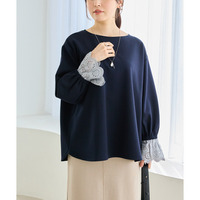 【洗える】袖レース配色ポンチプルオーバー　LL/3L/4L/5L　オンオフ兼用　異素材　ラビアンジェ