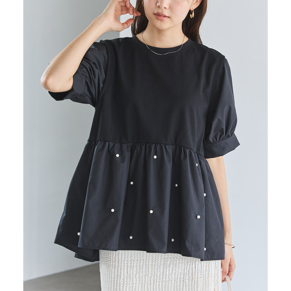 【洗える】パールペプラムプルオーバー　LL/3L/4L/5L　オフィス　オンオフ兼用　ラビアンジェ