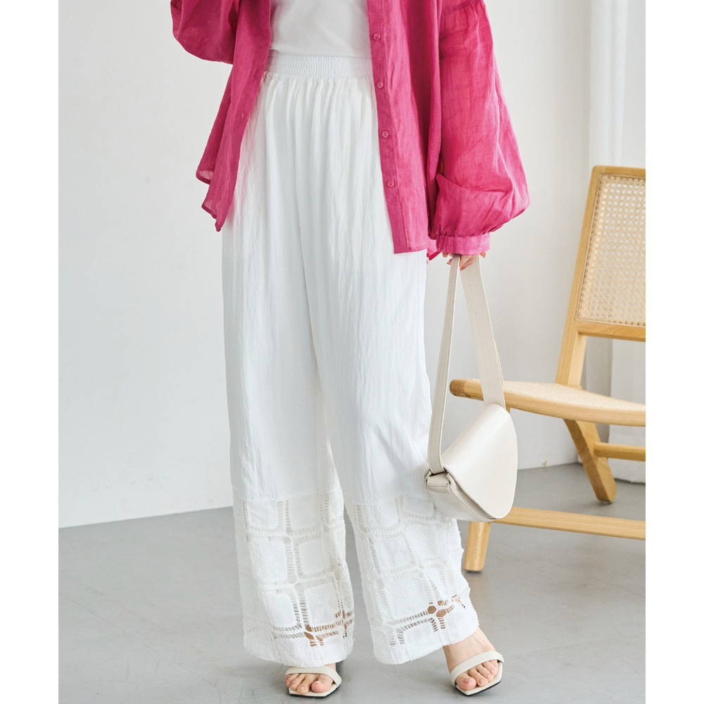スクエア刺繍レース切替ワイドパンツ　LL/3L/4L/5L　ラビアンジェ
