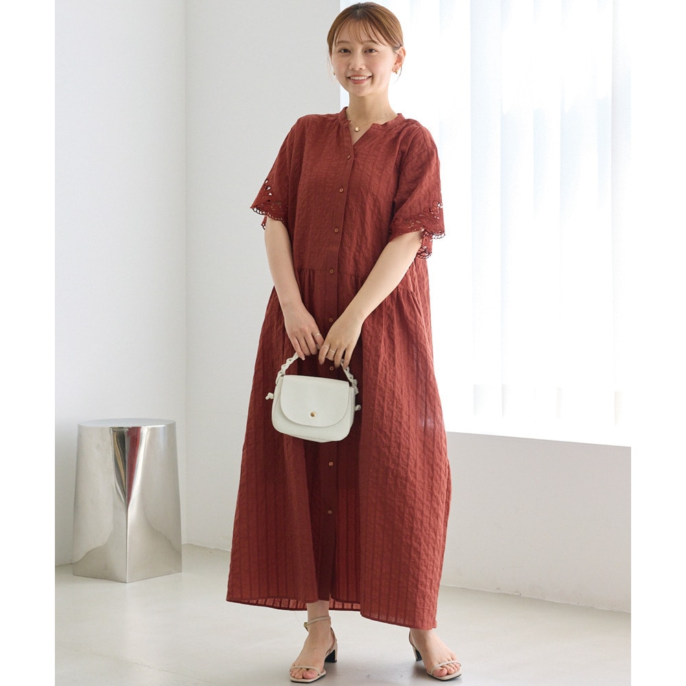 【洗える】袖刺繍ドビーストライプシャツワンピース　LL/3L/4L　ラビアンジェ