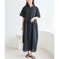【洗える】袖刺繍ドビーストライプシャツワンピース　LL/3L/4L　ラビアンジェ
