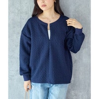 ケーブルジャガードハーフジッププルオーバー｜ニット見え/カットソー/体型カバー/スキッパーネック　LL/3L/4L/5L　ラビアンジェ