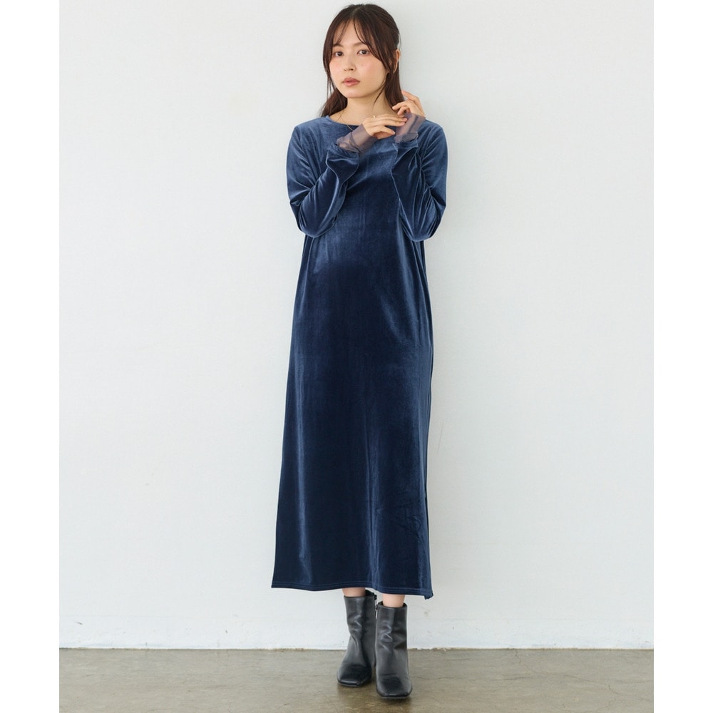 袖チュールベロアワンピース｜スリット/結婚式/二次会/オケージョン/ロング丈　LL/3L/4L/5L　ラビアンジェ