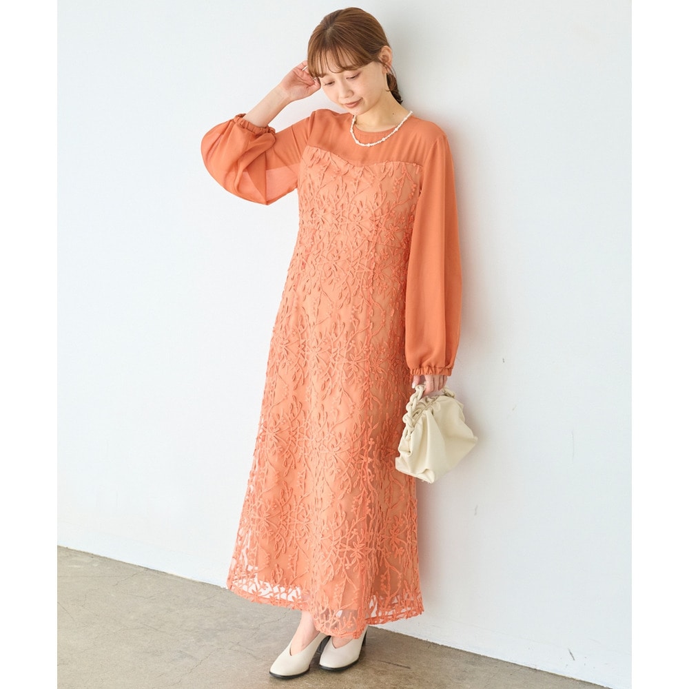チュール刺繍切替ワンピース｜ロング丈/オケージョン/結婚式/二次会/お呼ばれ　LL/3L/4L/5L　ラビアンジェ