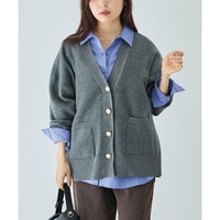 ダブルニットVネックカーディガン｜ゴールドボタン/ゆったり/体型カバー/大きいサイズ　3L/4L　ラビアンジェ