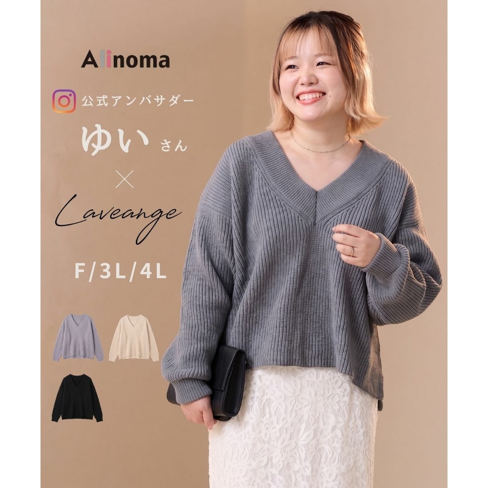 【ゆいさんコラボ】深Vネックニットプルオーバー|レイヤード/ゆったり/体型カバー/サイドスリット F/3L/4L1