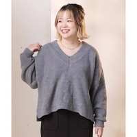 【ゆいさんコラボ】深Vネックニットプルオーバー｜レイヤード/ゆったり/体型カバー/サイドスリット　F/3L/4L