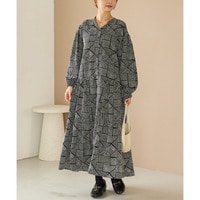 幾何柄ギャザーワンピース｜ロングワンピース/バンドカラー/体型カバー/大きいサイズ/洗える　LL/3L/4L/5L　ラビアンジェ