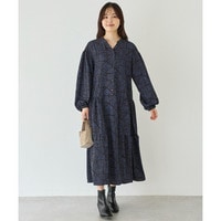 幾何柄ギャザーワンピース｜ロングワンピース/バンドカラー/体型カバー/大きいサイズ/洗える　LL/3L/4L/5L　ラビアンジェ