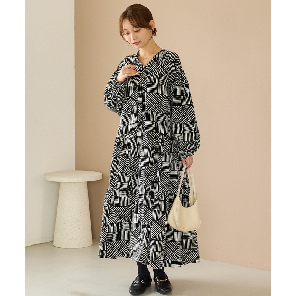 幾何柄ギャザーワンピース|ロングワンピース/バンドカラー/体型カバー/大きいサイズ/洗える LL/3L/4L/5L ラビアンジェ1
