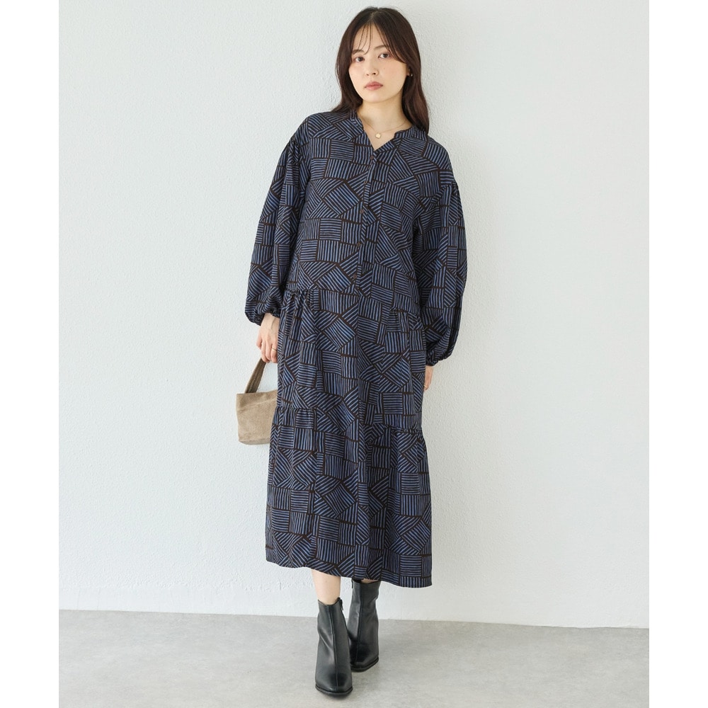 幾何柄ギャザーワンピース|ロングワンピース/バンドカラー/体型カバー/大きいサイズ/洗える LL/3L/4L/5L ラビアンジェ10