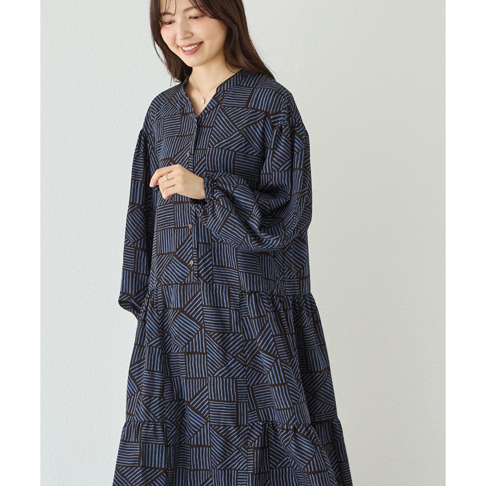 幾何柄ギャザーワンピース|ロングワンピース/バンドカラー/体型カバー/大きいサイズ/洗える LL/3L/4L/5L ラビアンジェ11
