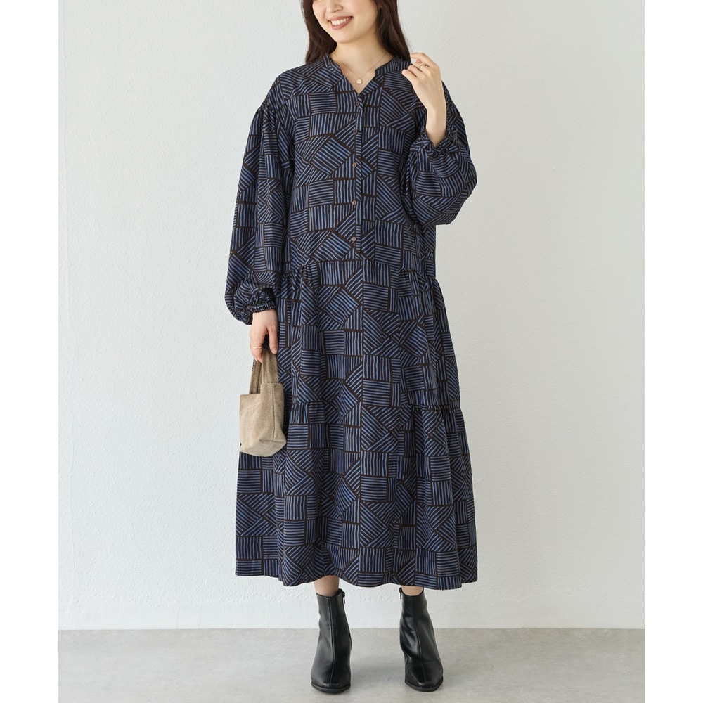 幾何柄ギャザーワンピース|ロングワンピース/バンドカラー/体型カバー/大きいサイズ/洗える LL/3L/4L/5L ラビアンジェ13