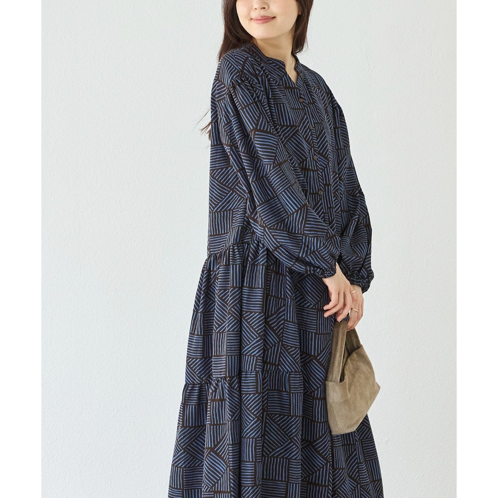 幾何柄ギャザーワンピース|ロングワンピース/バンドカラー/体型カバー/大きいサイズ/洗える LL/3L/4L/5L ラビアンジェ14