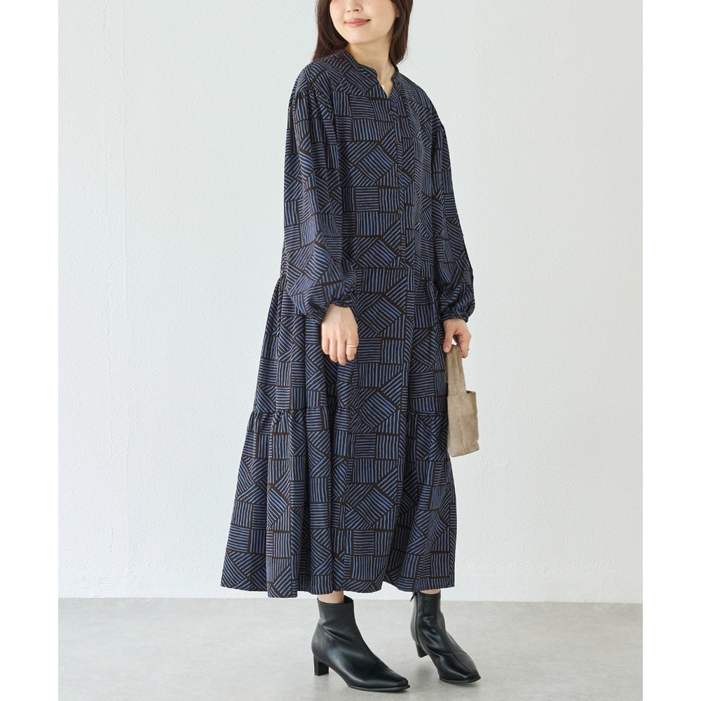幾何柄ギャザーワンピース|ロングワンピース/バンドカラー/体型カバー/大きいサイズ/洗える LL/3L/4L/5L ラビアンジェ15
