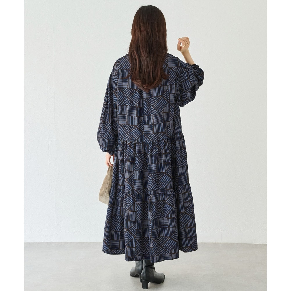 幾何柄ギャザーワンピース|ロングワンピース/バンドカラー/体型カバー/大きいサイズ/洗える LL/3L/4L/5L ラビアンジェ19