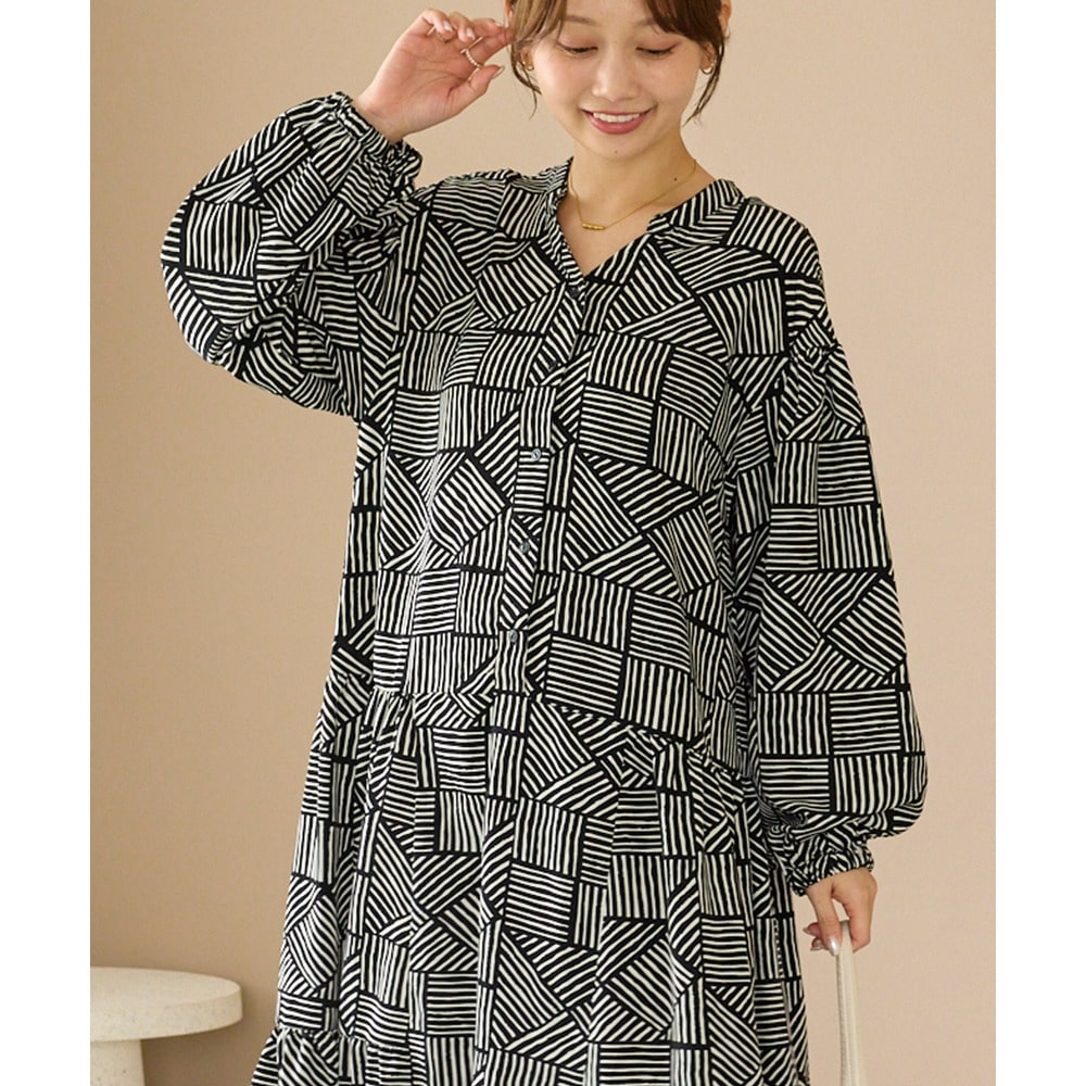 幾何柄ギャザーワンピース|ロングワンピース/バンドカラー/体型カバー/大きいサイズ/洗える LL/3L/4L/5L ラビアンジェ2