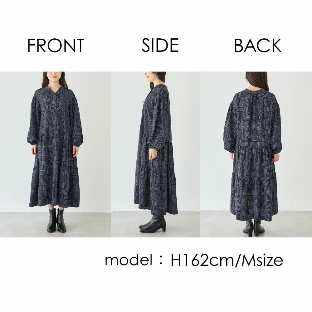 幾何柄ギャザーワンピース|ロングワンピース/バンドカラー/体型カバー/大きいサイズ/洗える LL/3L/4L/5L ラビアンジェ20