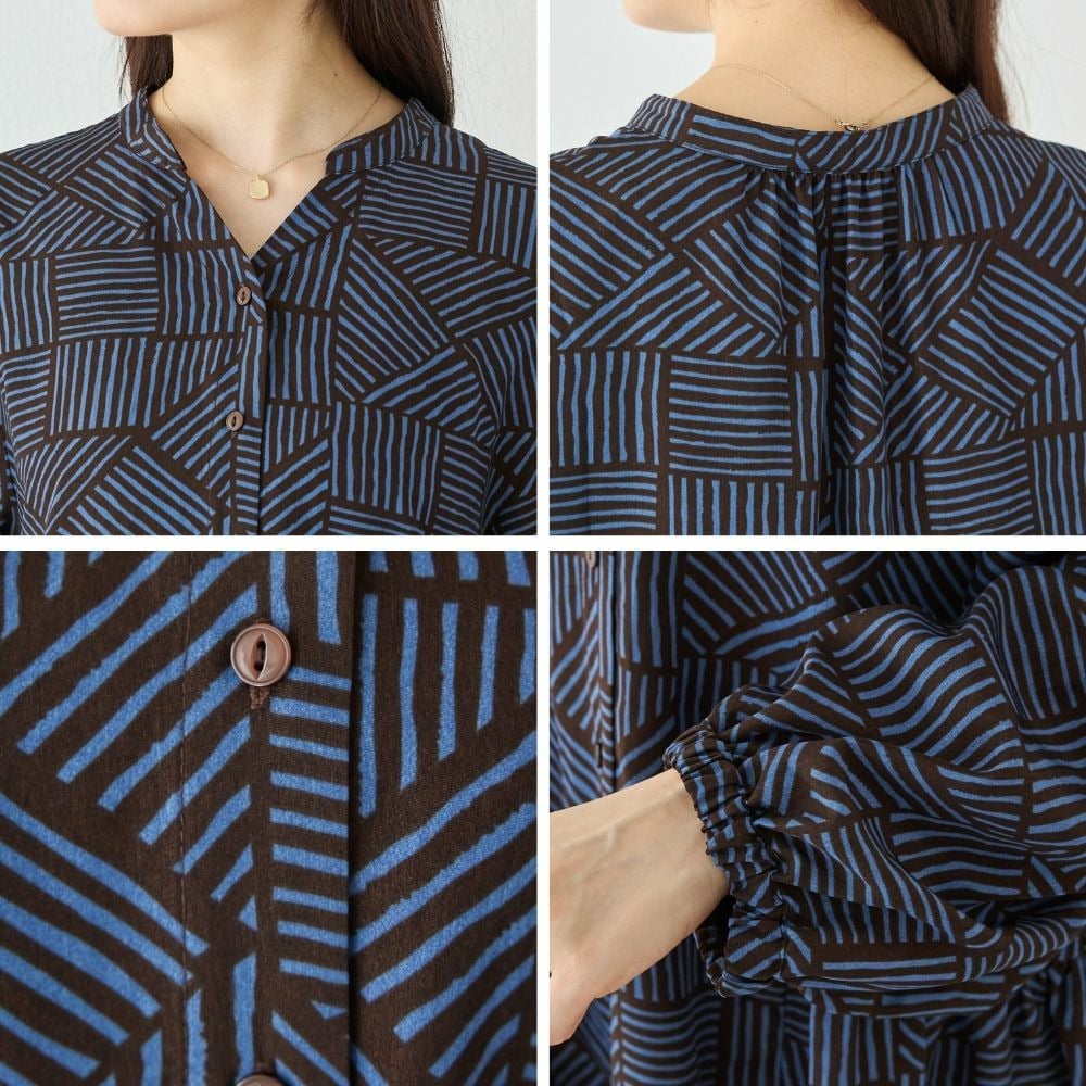 幾何柄ギャザーワンピース|ロングワンピース/バンドカラー/体型カバー/大きいサイズ/洗える LL/3L/4L/5L ラビアンジェ21