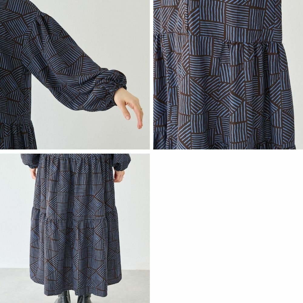 幾何柄ギャザーワンピース|ロングワンピース/バンドカラー/体型カバー/大きいサイズ/洗える LL/3L/4L/5L ラビアンジェ22