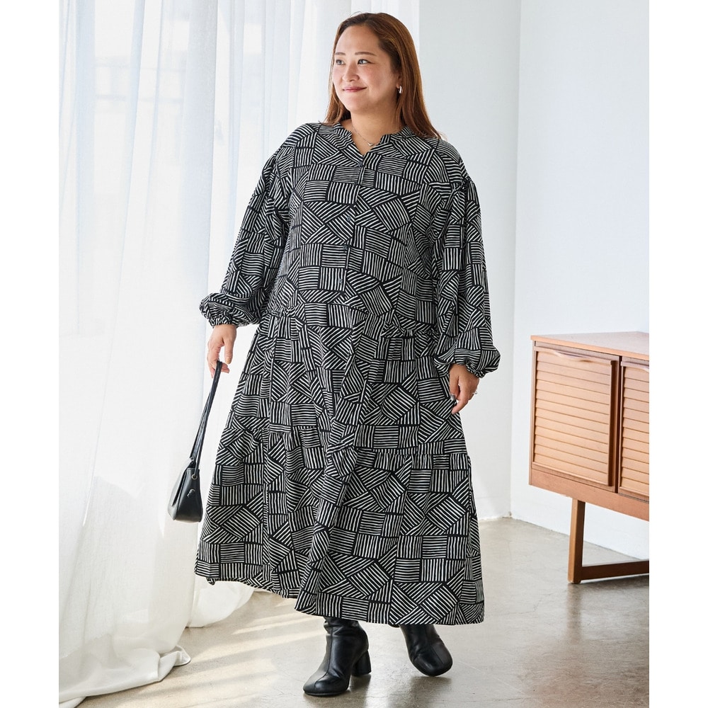 幾何柄ギャザーワンピース|ロングワンピース/バンドカラー/体型カバー/大きいサイズ/洗える LL/3L/4L/5L ラビアンジェ24
