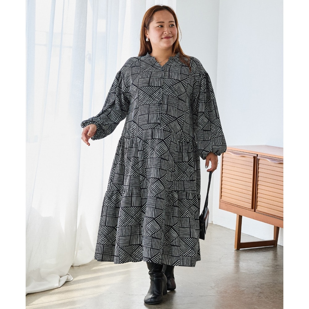 幾何柄ギャザーワンピース|ロングワンピース/バンドカラー/体型カバー/大きいサイズ/洗える LL/3L/4L/5L ラビアンジェ25