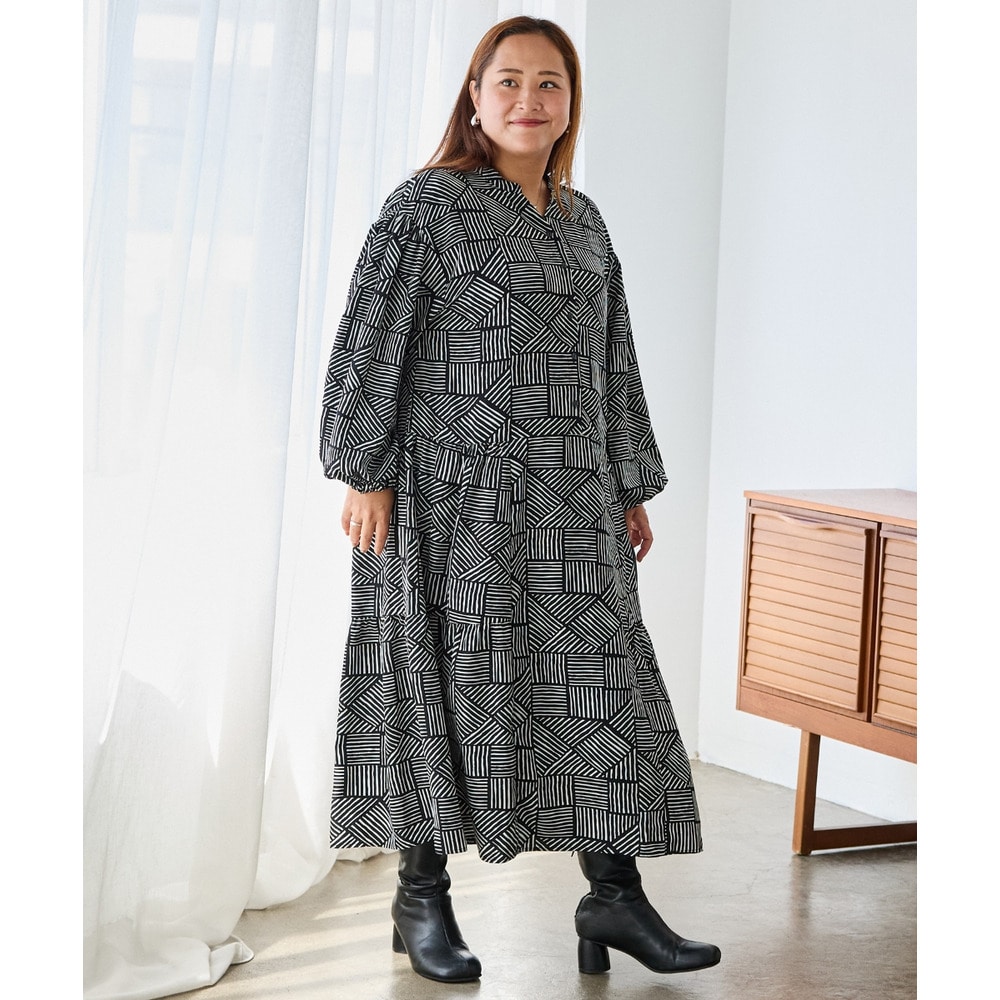 幾何柄ギャザーワンピース|ロングワンピース/バンドカラー/体型カバー/大きいサイズ/洗える LL/3L/4L/5L ラビアンジェ26