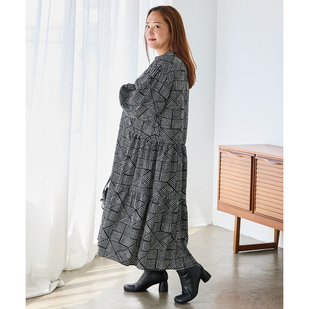 幾何柄ギャザーワンピース|ロングワンピース/バンドカラー/体型カバー/大きいサイズ/洗える LL/3L/4L/5L ラビアンジェ27